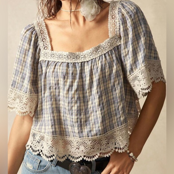 Plaid Lace Trim Women Top XL - Picture 5 of 7